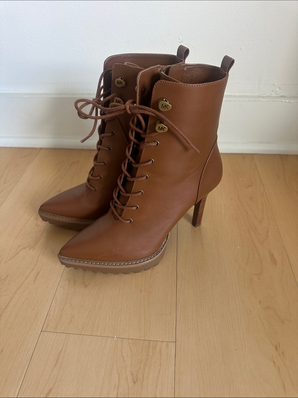 Michael Kors Cognac Lace-Up Leather Heeled Ankle Boots - Picture 3 of 5